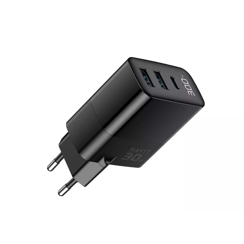 Cargador HAVIT UCLE001 EU GaN de tres puertos 30 W negro — cargador USB compacto con 3 conexiones