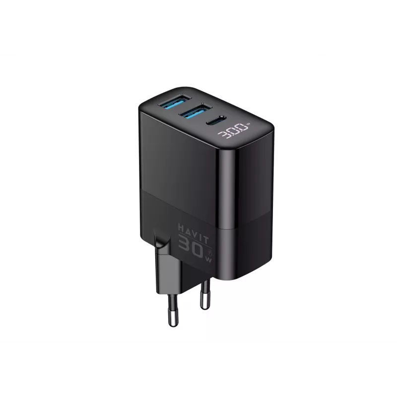 Cargador HAVIT UCLE001 EU GaN de tres puertos 30 W negro — cargador USB compacto con 3 conexiones