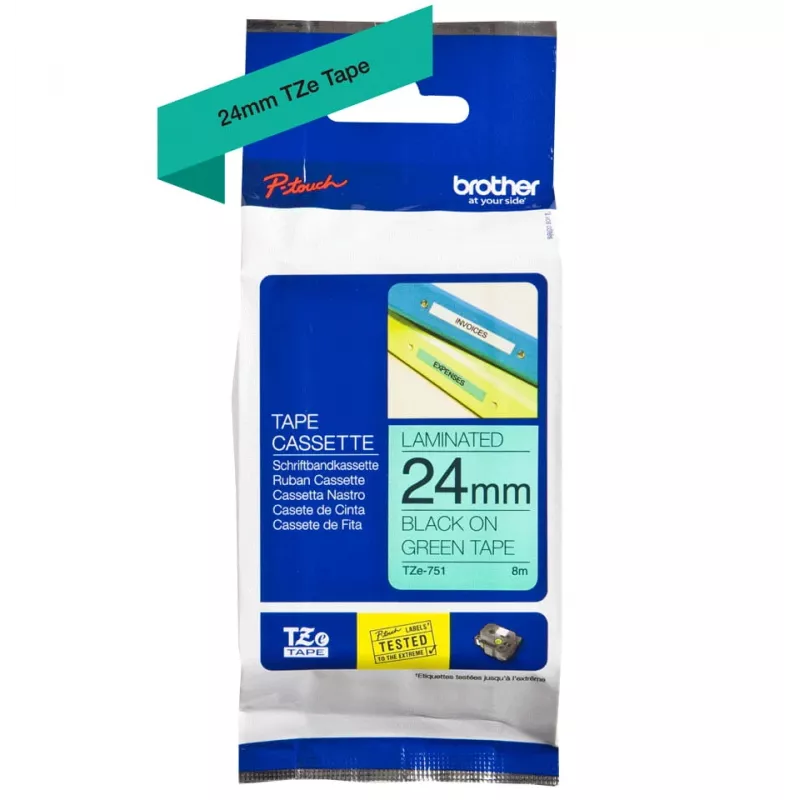 Brother TZe 751 - cinta laminada - negro sobre verde - rollo (2,4 cm x 8 m) - 1 rollo(s) - para P-Touch PT-2420, 2430, 2450, 2460, 2470, 2480, 2700, 2