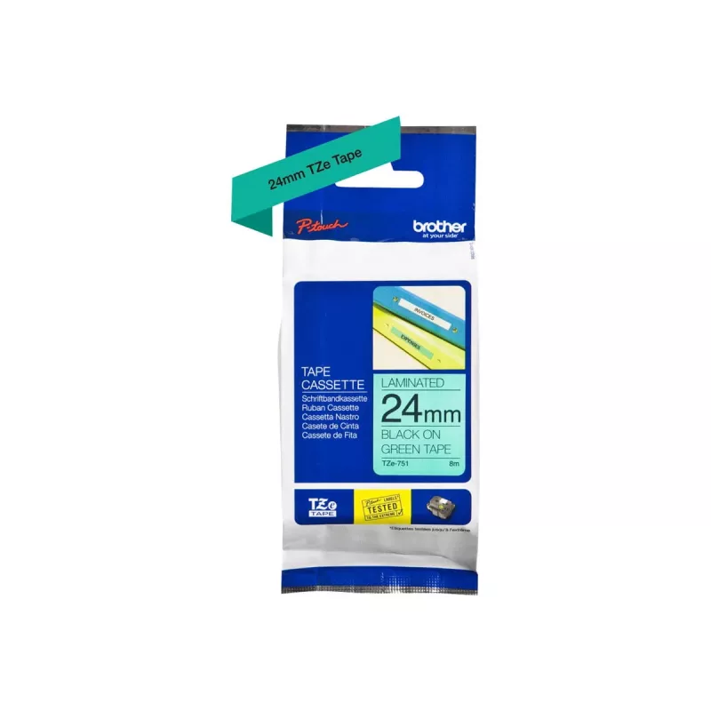 Brother TZe 751 - cinta laminada - negro sobre verde - rollo (2,4 cm x 8 m) - 1 rollo(s) - para P-Touch PT-2420, 2430, 2450, 2460, 2470, 2480, 2700, 2