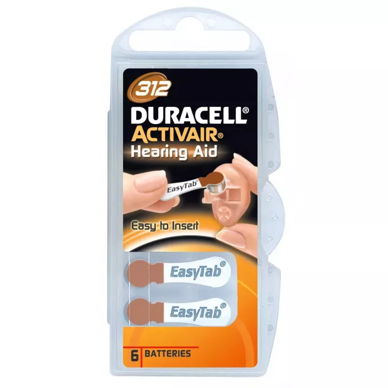 Pilas de botón Duracell A312 zinc-aire, pack de 6 para audífonos y pequeños dispositivos de audio