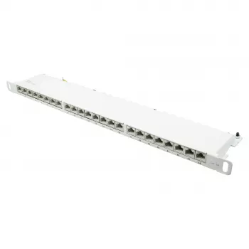 Patch panel 48,30cm (19) Cat. 6A, 24 puertos, 0,5 U, STP blindado, apertura sin herramientas, blanco puro (RAL9010), Go (GC-N0143)