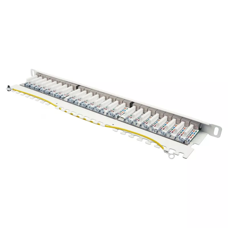 Patch panel 48,30cm (19) Cat. 6A, 24 puertos, 0,5 U, STP blindado, apertura sin herramientas, blanco puro (RAL9010), Go (GC-N0143)