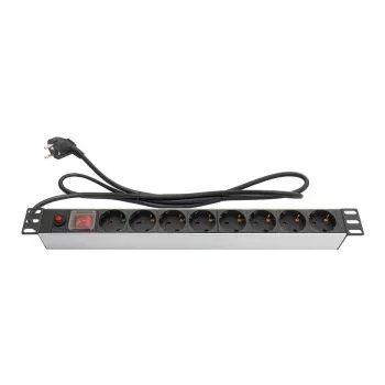 Regleta de enchufes 48,30cm (19), 1HE, conector macho Schutzkontakt a 8x conector hembra Schutzkontakt, ÜSS, interruptor, perfil de aluminio, Good Connections® (GC-N0087)