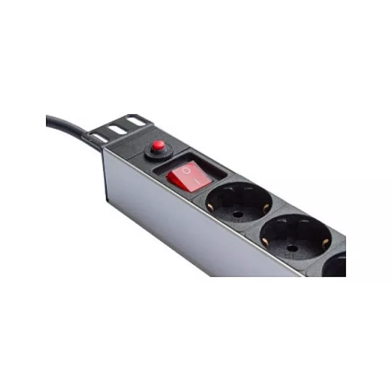 Regleta de enchufes 48,30cm (19), 1HE, conector macho Schutzkontakt a 8x conector hembra Schutzkontakt, ÜSS, interruptor, perfil de aluminio, Good Connections® (GC-N0087)