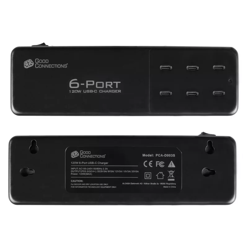 Estación de carga rápida USB de sobremesa 120W, 6 puertos (6x USB-C™), PD 3.0, QC 4+, negro, Good Connections (PCA-D003S)