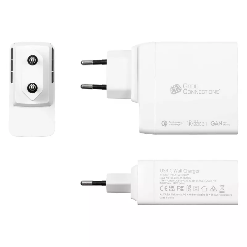 Good Connections GC Cargador rápido USB 140W tecnología GaN, 2x USB-C, PD 3.1, QC 5.0, PPS blanco -• Cargador rápido USB 140W• para smartphones