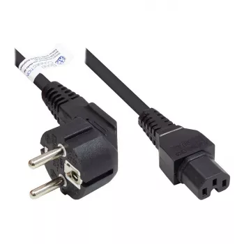 Cable de alimentación con conector Schuko tipo E+F (CEE 7/7, acodado) a conector hembra C15 para aparatos calientes (recto), negro, 1,00 mm², 3 m, Good Connections® (P0150-S030)