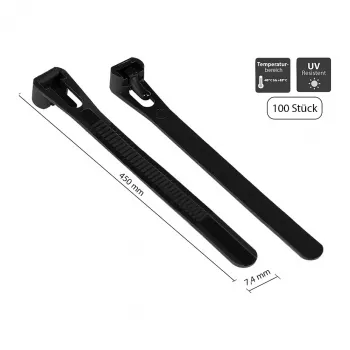 Brida reutilizable 450 mm x 7,4 mm, negra, resistente a los rayos UV, -40 °C a +85 °C, 100 uds. (KAB-R45S74)
