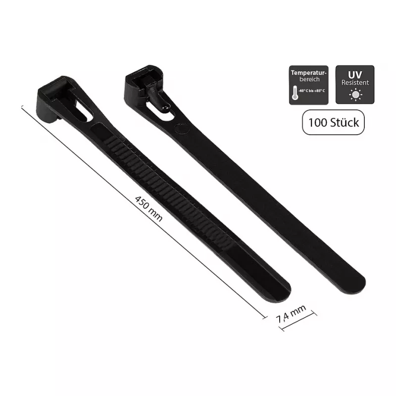 Brida reutilizable 450 mm x 7,4 mm, negra, resistente a los rayos UV, -40 °C a +85 °C, 100 uds. (KAB-R45S74)