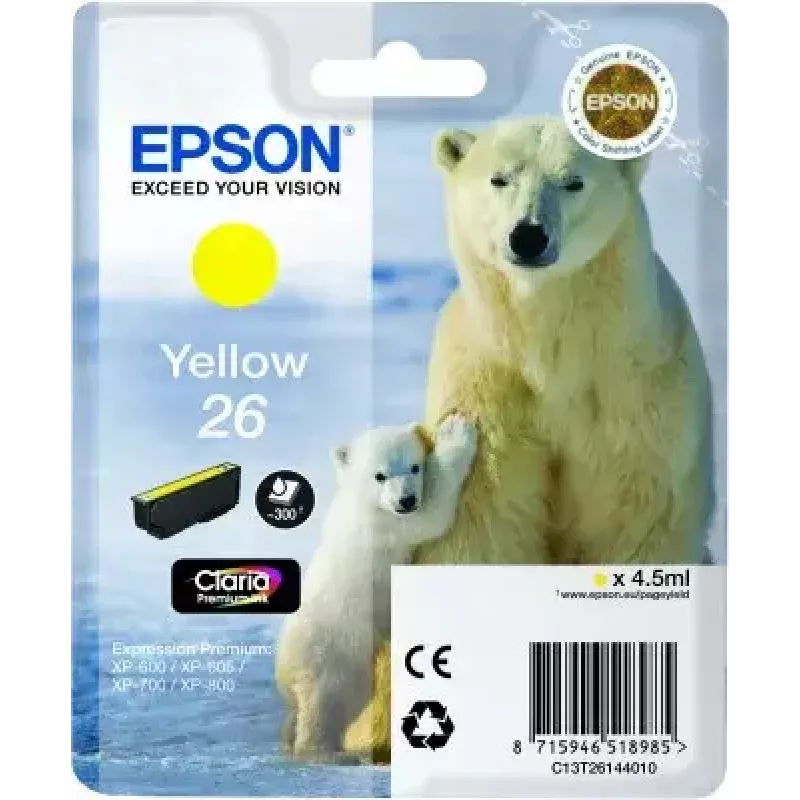 Cartucho de tinta Epson C13T26144010 Singlepack Amarillo 26 Claria Premium, a base de pigmento, 1 ud.
