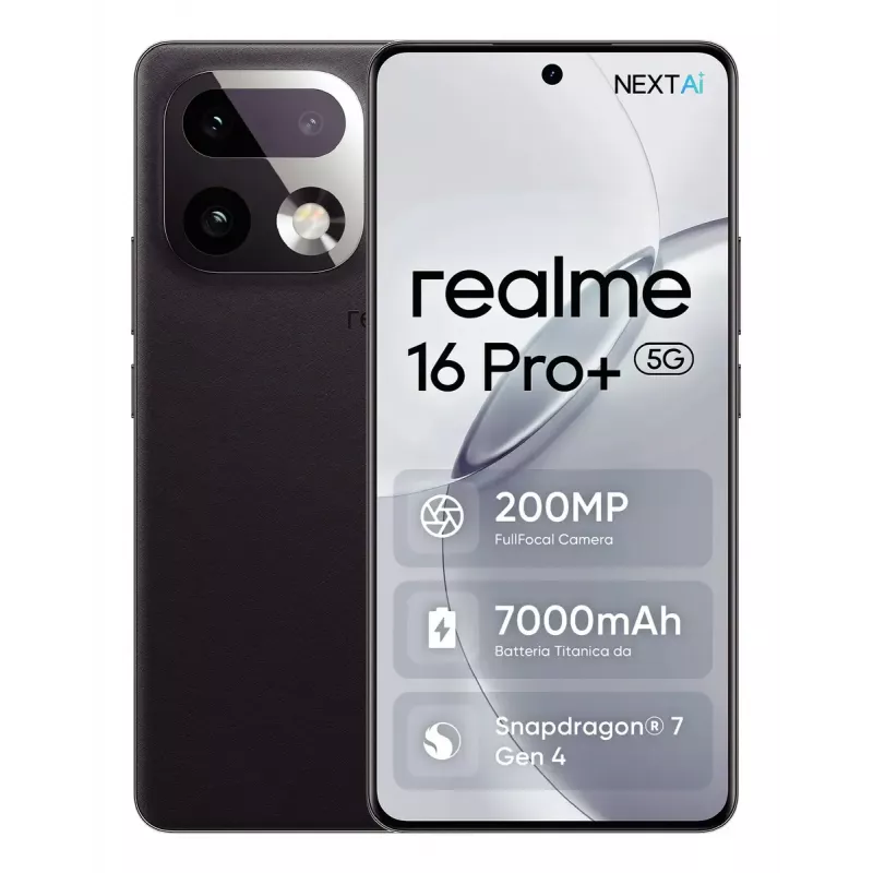 Smartphone REALME realme 16 Pro+ – 6.8 pulgadas (17.3 cm) 1280×2800, Snapdragon 7 Gen 4, 12 GB RAM, 512 GB, 200 MP triple cámara, 7000 mAh, Gris
