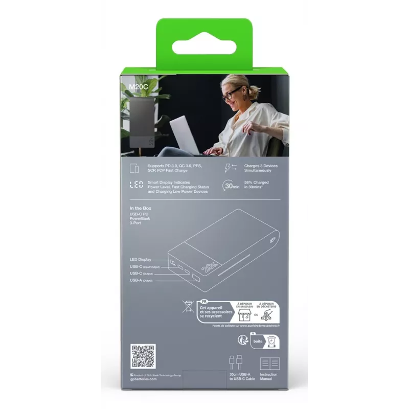 GP Battery GP PowerBank M2+ 20C 20000mAh 2xUSB-C/1xUSB-A negro indicador LED (GPPBM20CGYMSR287)