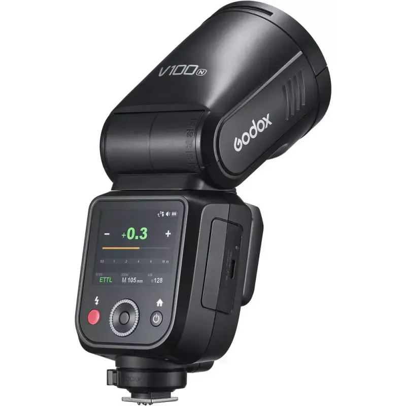 Flash Godox V100‑N para Nikon — Flash de zapata TTL portátil de batería de litio
