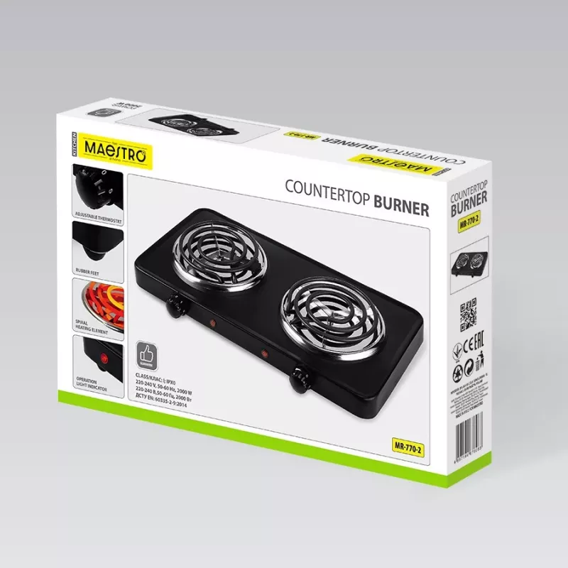 Placa eléctrica de dos fuegos Maestro MR-770-2, 2000 W, placa calefactora compacta de sobremesa