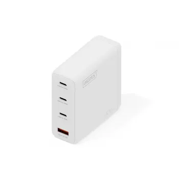 Cargador DIGITUS USB GaN 140W — 3× USB‑C, 1× USB‑A, 100–240V, blanco
