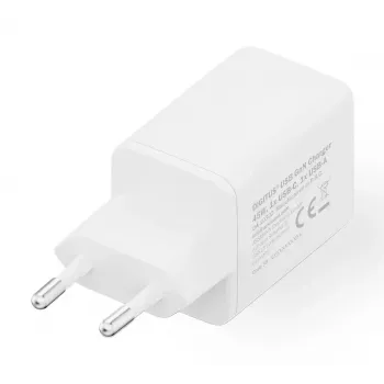 Cargador de pared DIGITUS USB GaN 45W — 1× USB-C, 1× USB-A, entrada 100–240V, blanco