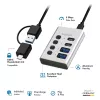 Hub USB 3.2 Gen 1, 4 puertos, USB-A/C, interruptor de encendido/apagado