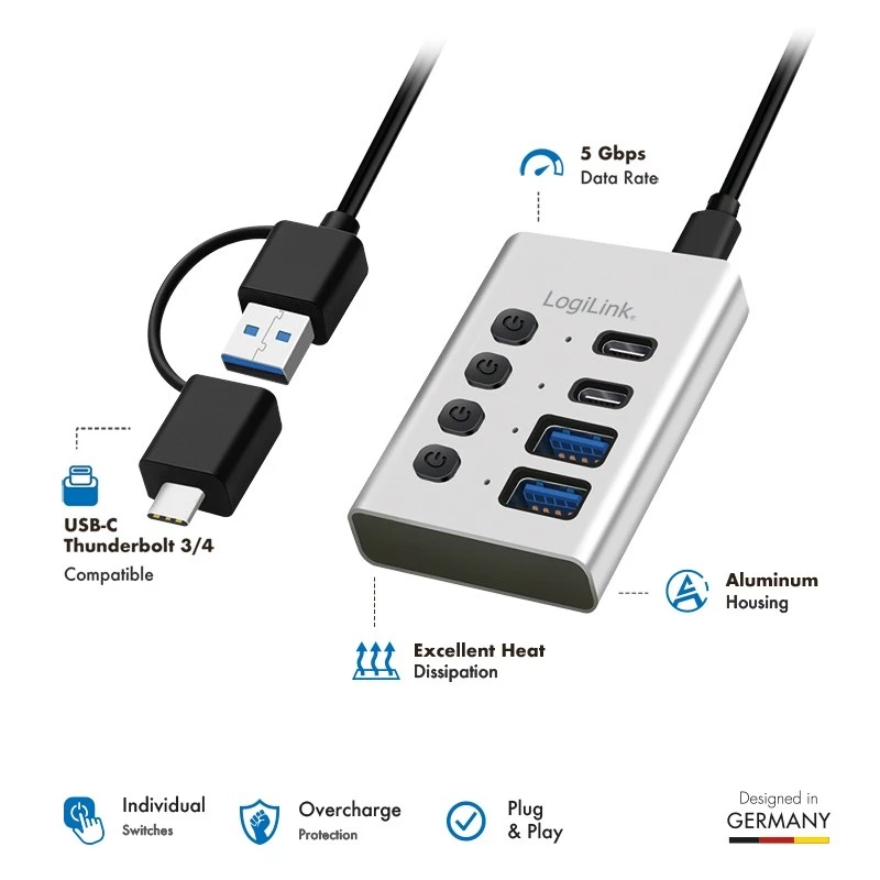 Hub USB 3.2 Gen 1, 4 puertos, USB-A/C, interruptor de encendido/apagado