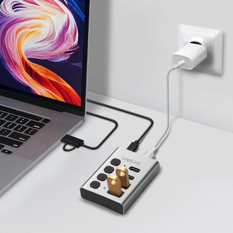 Hub USB 3.2 Gen 1, 4 puertos, USB-A/C, interruptor de encendido/apagado