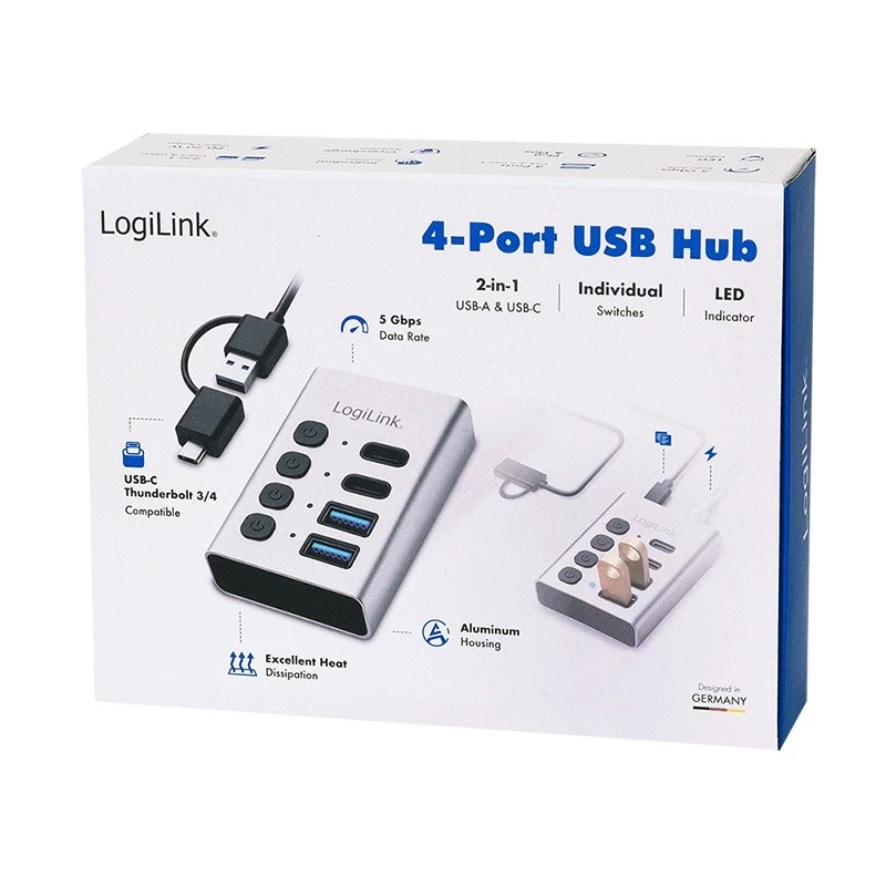 Hub USB 3.2 Gen 1, 4 puertos, USB-A/C, interruptor de encendido/apagado