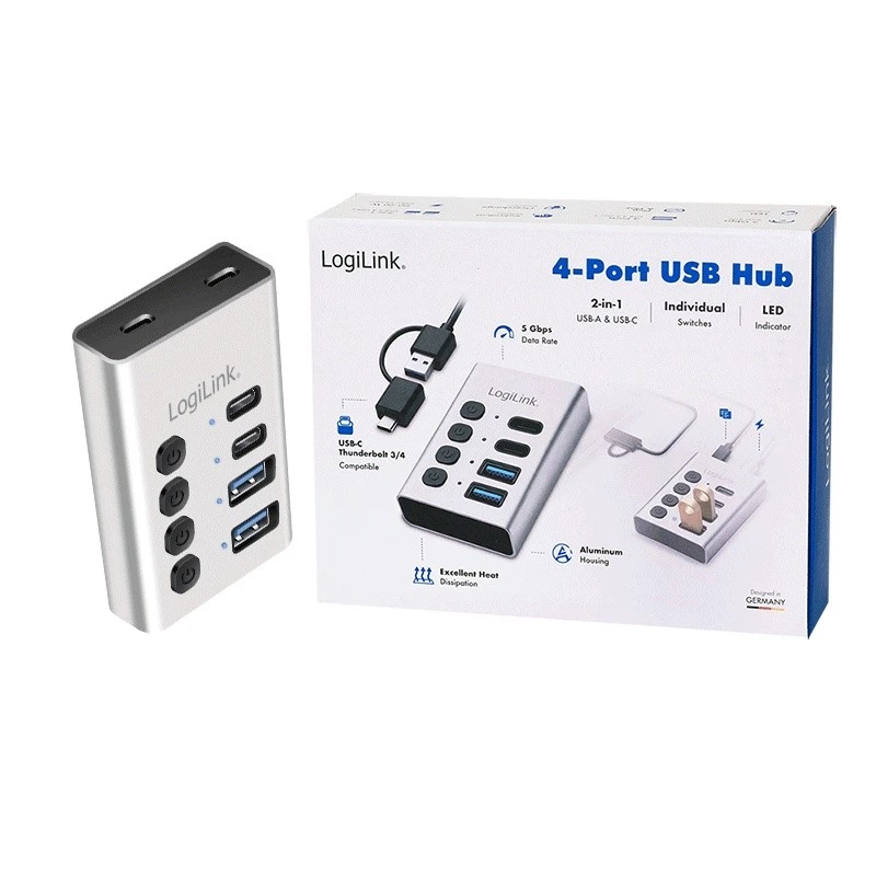Hub USB 3.2 Gen 1, 4 puertos, USB-A/C, interruptor de encendido/apagado