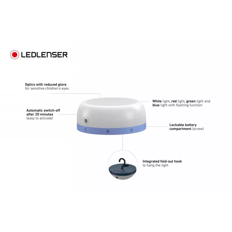 Linterna de camping a pilas Ledlenser Kidcamp6 — LED RGB, 60 lm, AAA, carcasa de ABS, 95 g