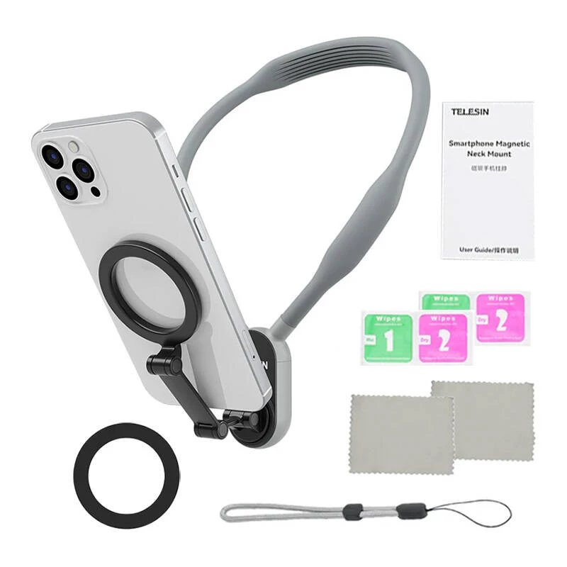 Soporte de cuello magnético Telesin MNM-002 para iPhone (12–16) – ángulo ajustable, ligero