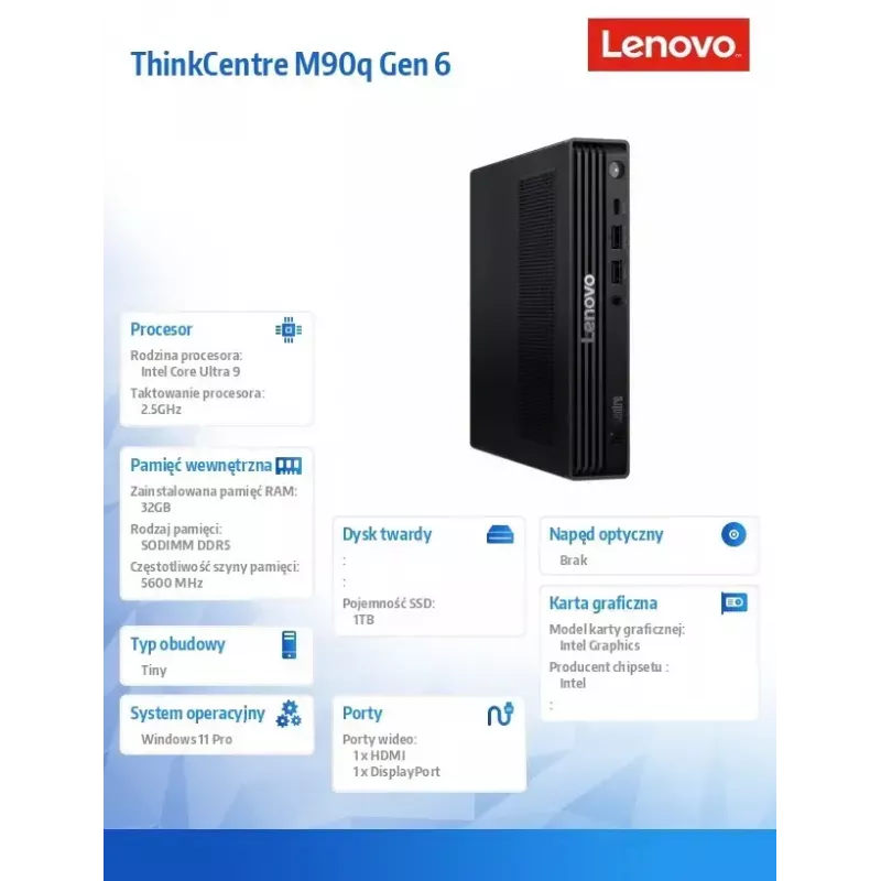 PC de sobremesa Lenovo ThinkCentre M90q Tiny G6 – Intel Core Ultra 9 285, 2×16GB RAM, 1TB SSD, Windows 11 Pro, negro