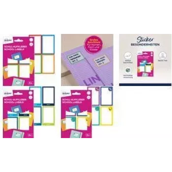 Etiquetas de papel para libros AVERY SCHOOL8G — adhesivo permanente, esquinas redondeadas, marco de color, escritura a mano