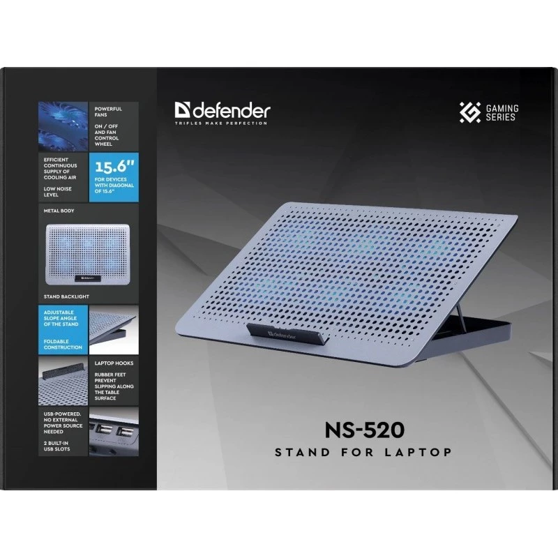 Base refrigeradora para portátil DEFENDER NS-520 para portátiles de 15,6 pulgadas, carcasa de metal, 6 ventiladores, 2x USB, iluminación