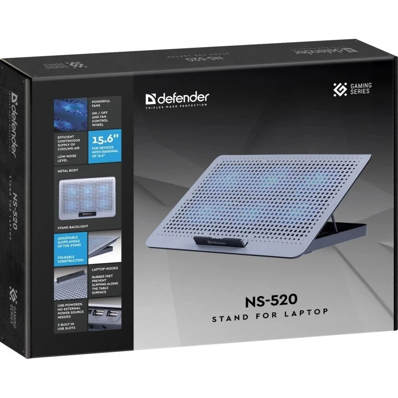 Base refrigeradora para portátil DEFENDER NS-520 para portátiles de 15,6 pulgadas, carcasa de metal, 6 ventiladores, 2x USB, iluminación