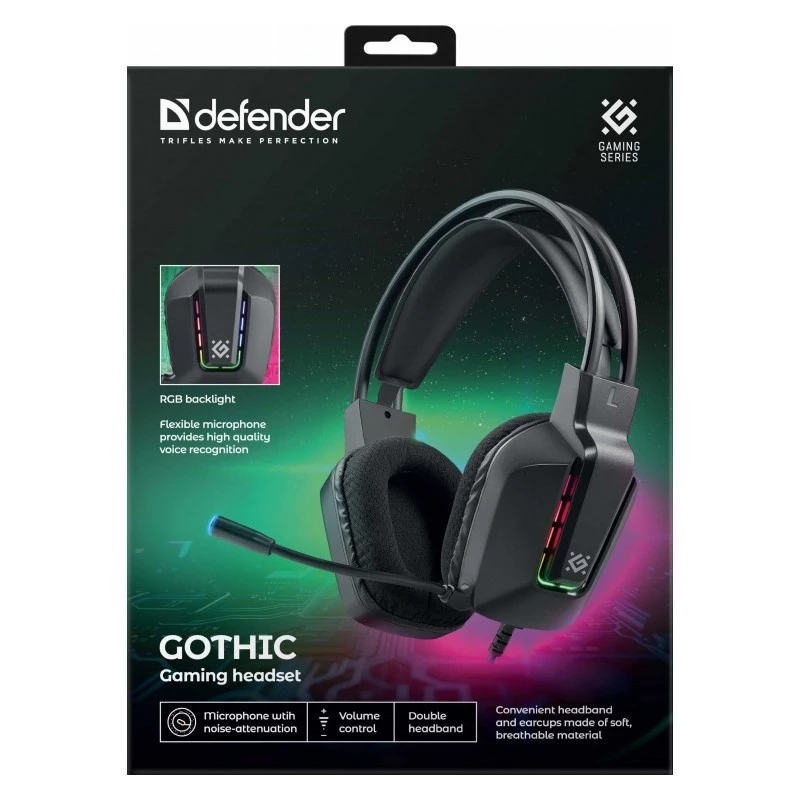 Auriculares gaming USB con cable DEFENDER GOTHIC RGB con micrófono, negros