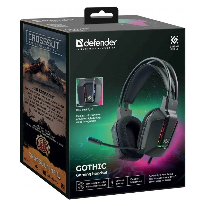Auriculares gaming USB con cable DEFENDER GOTHIC RGB con micrófono, negros