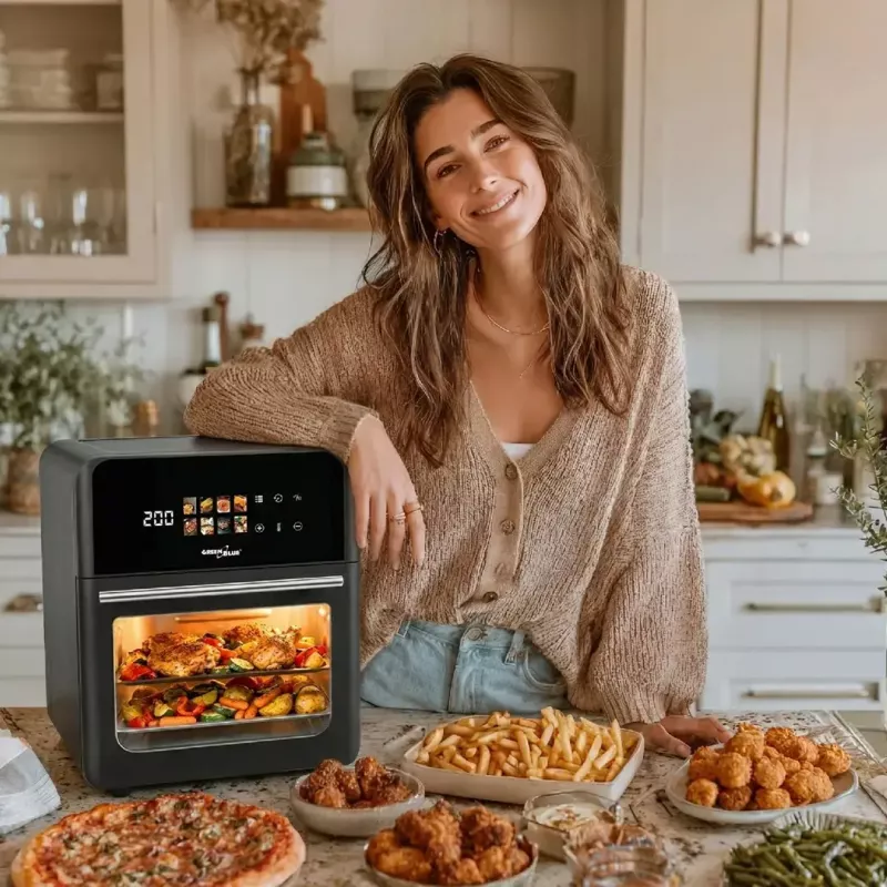 Freidora de aire GreenBlue GB950 1800W, 10 l de capacidad, 8 programas, panel táctil, temporizador, negra