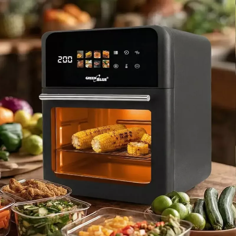 Freidora de aire GreenBlue GB950 1800W, 10 l de capacidad, 8 programas, panel táctil, temporizador, negra