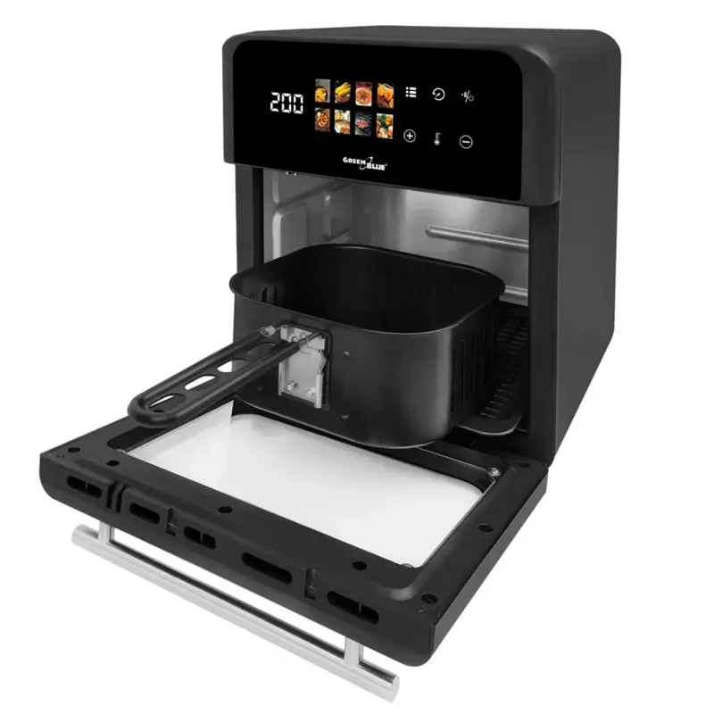 Freidora de aire GreenBlue GB950 1800W, 10 l de capacidad, 8 programas, panel táctil, temporizador, negra