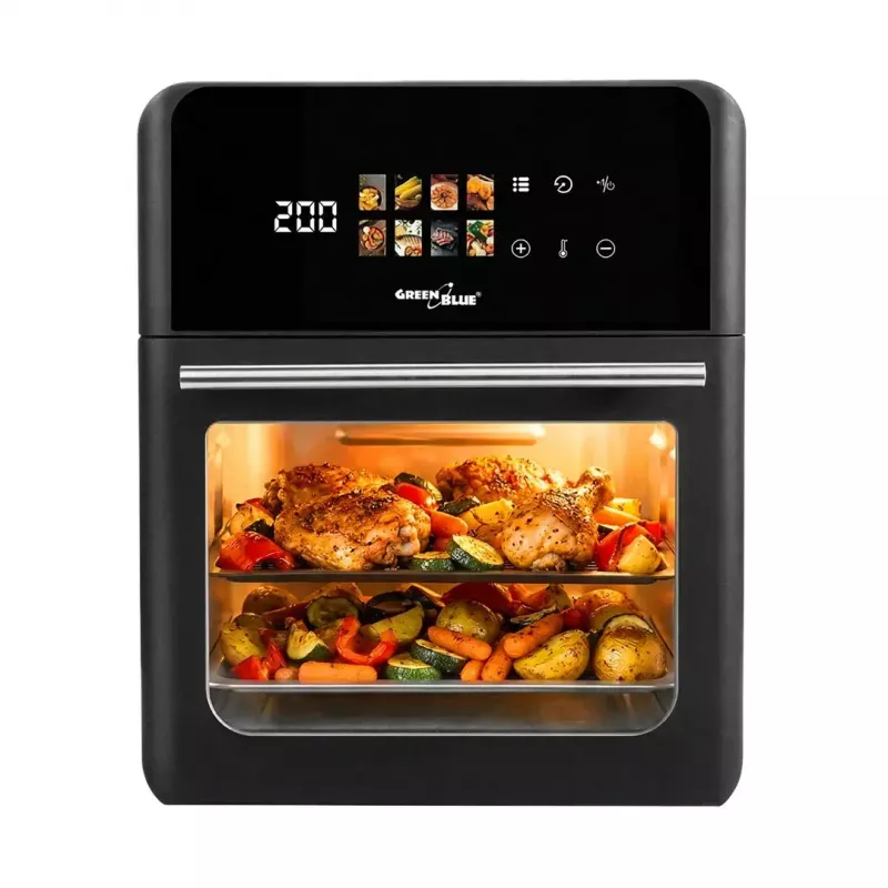 Freidora de aire GreenBlue GB950 1800W, 10 l de capacidad, 8 programas, panel táctil, temporizador, negra