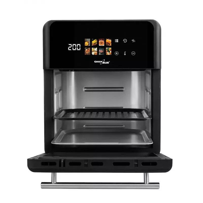 Freidora de aire GreenBlue GB950 1800W, 10 l de capacidad, 8 programas, panel táctil, temporizador, negra