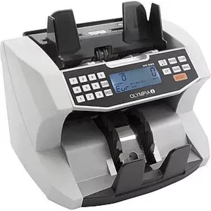 Máquina contadora de billetes Olympia NC 590 — blanca, pantalla LCD, 230 V AC, 60 W, 270×245×248 mm