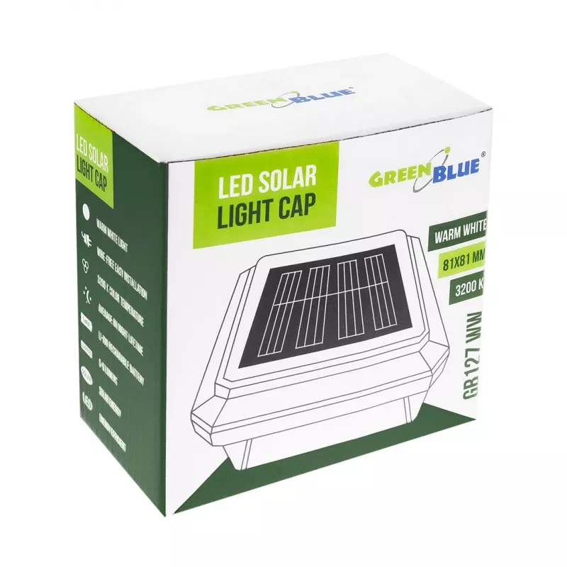 Luminaria solar LED para poste GreenBlue GB127 WW — 3200 K blanco neutro, baldaquino 80×80 mm, batería NiMH