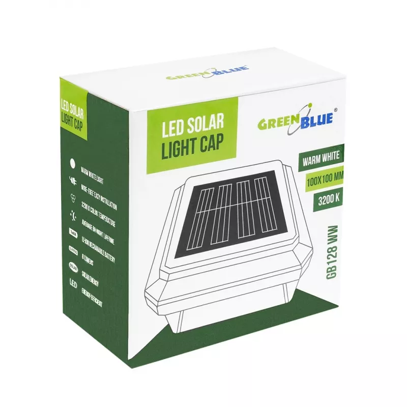 Luminaria solar LED para poste GreenBlue GB128 WW, 3200K blanco neutro, baldaquino, 100x100mm, negro
