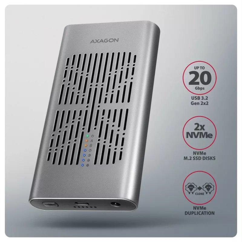 Caja externa AXAGON EEM2-20GD USB-C 20 Gbps para dos SSD M.2 NVMe con clonación por hardware