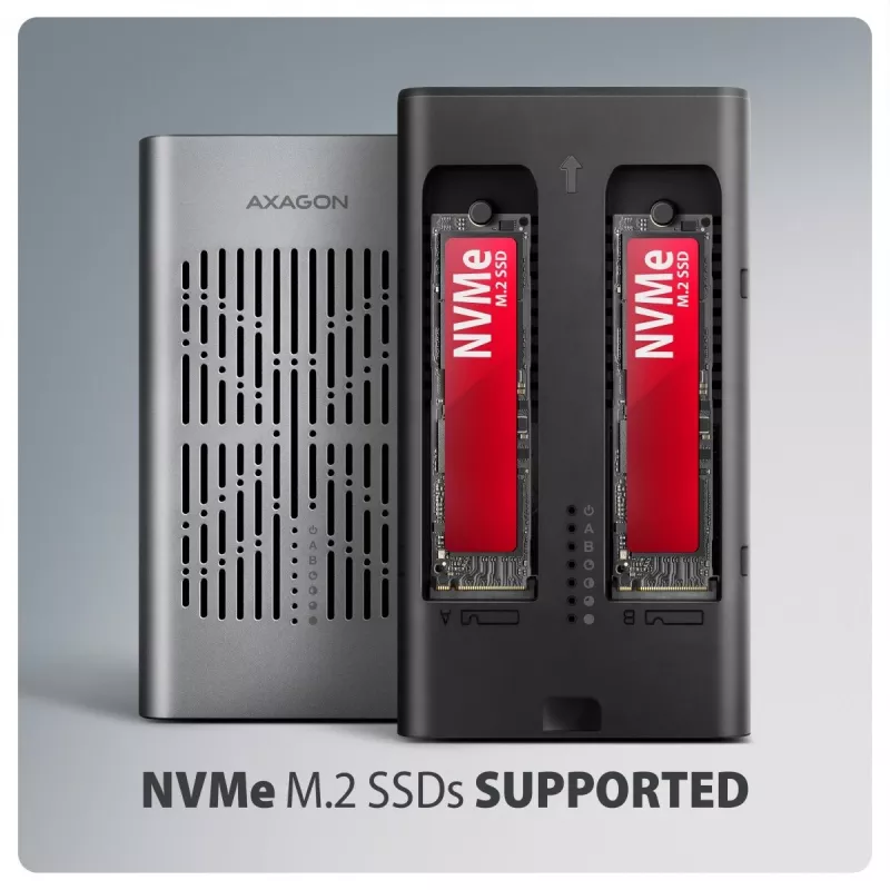 Caja externa AXAGON EEM2-20GD USB-C 20 Gbps para dos SSD M.2 NVMe con clonación por hardware