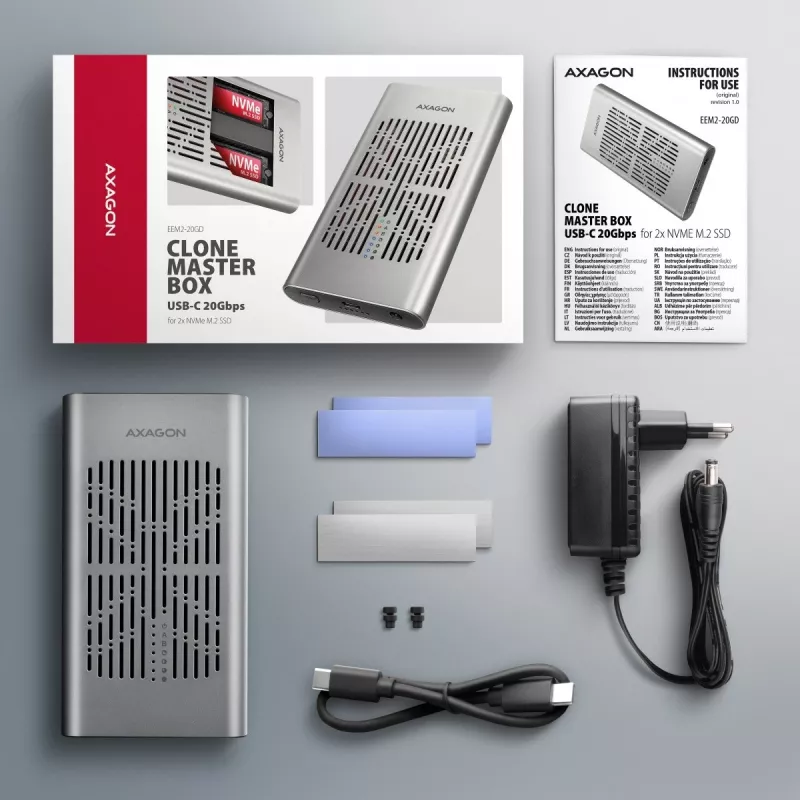 Caja externa AXAGON EEM2-20GD USB-C 20 Gbps para dos SSD M.2 NVMe con clonación por hardware