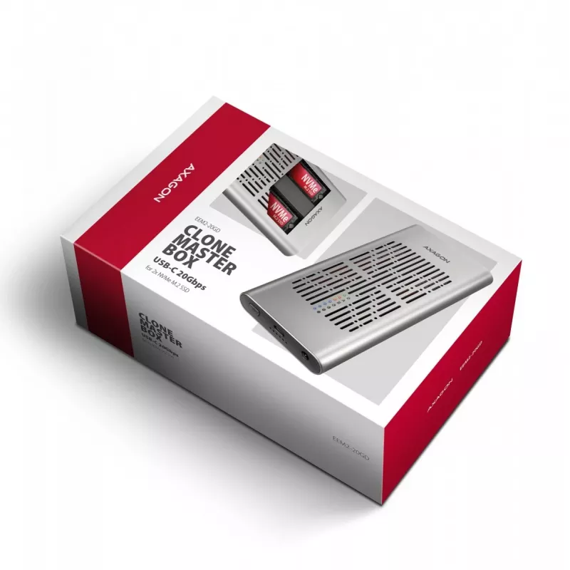 Caja externa AXAGON EEM2-20GD USB-C 20 Gbps para dos SSD M.2 NVMe con clonación por hardware