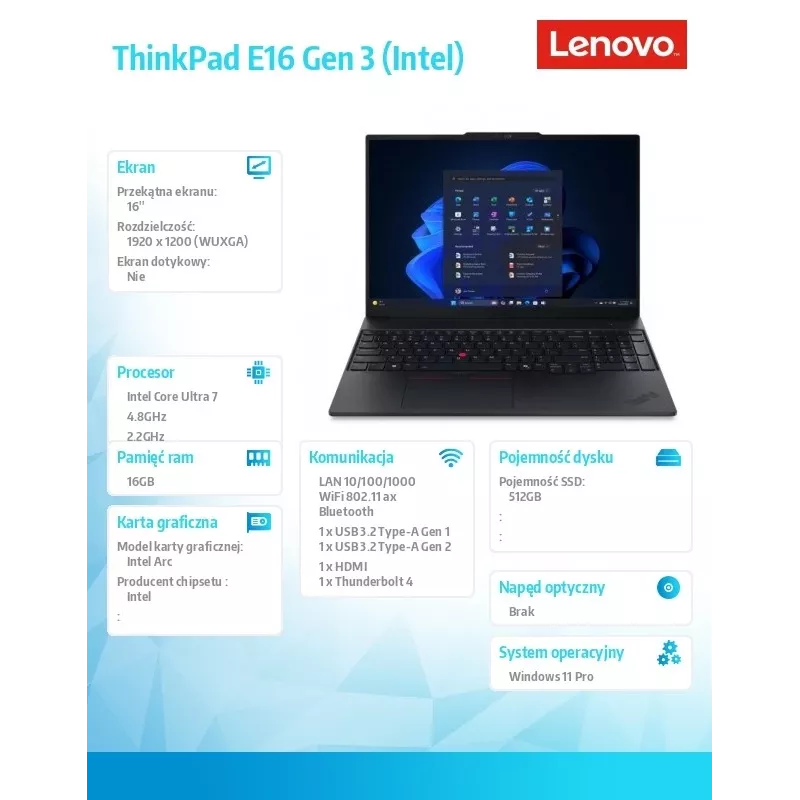 Lenovo ThinkPad E16 Gen 3 portátil, Intel Core Ultra 7 256V, 16GB RAM, 512GB SSD, 16 inch WUXGA, Windows 11 Pro, negro
