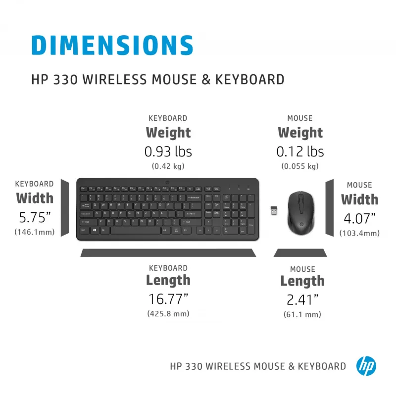 Conjunto inalámbrico de teclado y ratón HP 330 — teclado tamaño completo, RF Wireless, negro, ratón incluido