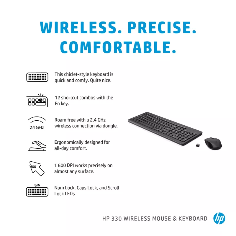 Conjunto inalámbrico de teclado y ratón HP 330 — teclado tamaño completo, RF Wireless, negro, ratón incluido