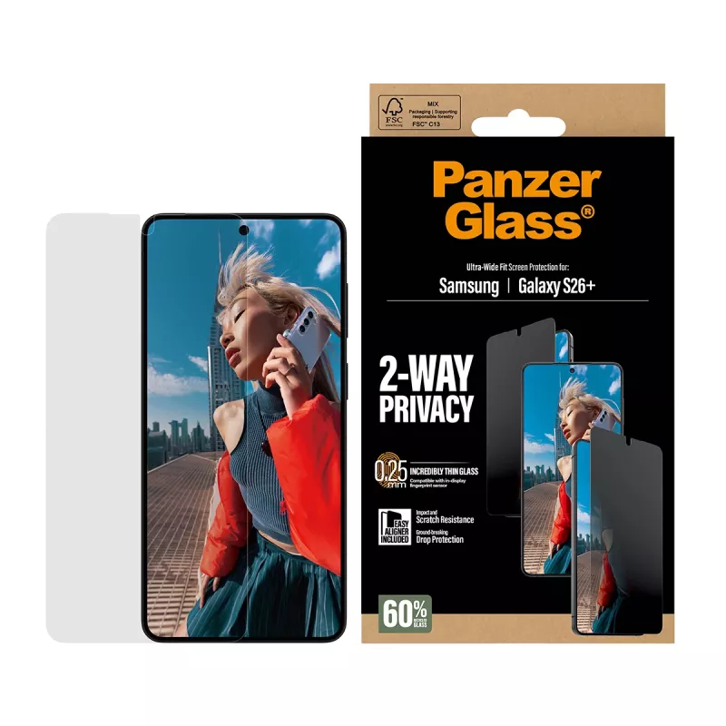 PanzerGlass® protector de pantalla con privacidad de 2 vías Samsung Galaxy S26+ | Ultra-Wide Fit con EasyAligner
